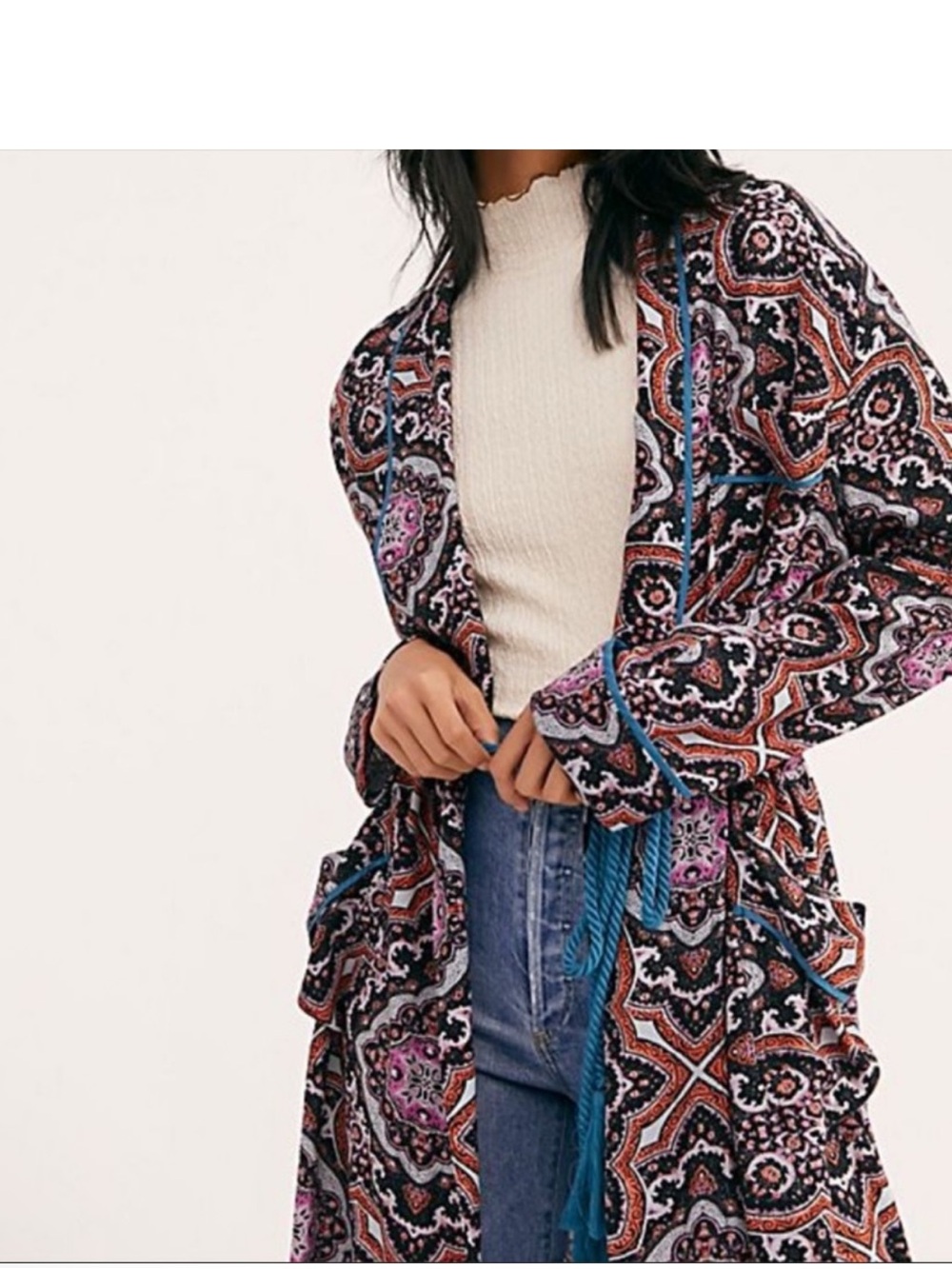Free People Multicolor Paisley Kimono Robe with Blue Trim